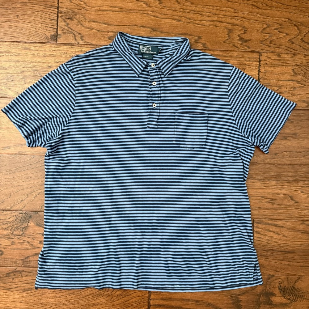 Polo Ralph Lauren Custom Fit Polo Shirt Blue Striped Pocket Size XXL